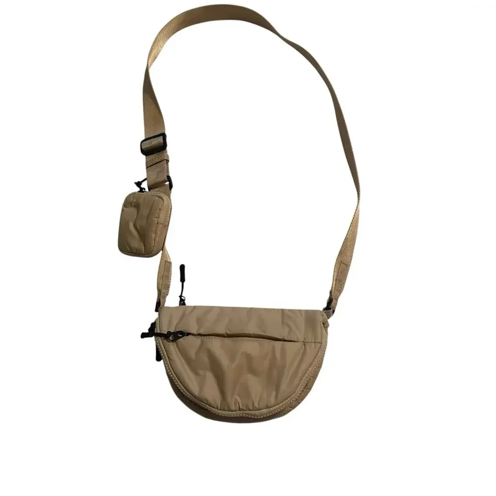 Anthropologie Nylon Crescent Crossbody Bag Beige Half Moon Sling with Mini Pouch - Picture 5 of 9